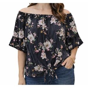 Cure Floral Striped Tie Front Off Shoulder Top, Flare Sleeve, 1XL Pom Pom Fringe